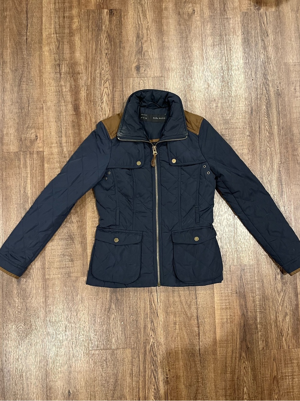 Zara Navy Quilted Utility Jacket with Brown Trim - Size Small